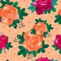Beautiful floral seamless pattern.Red,orange roses with green leaves on a light background.