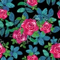 Beautiful floral seamless pattern.Red, pink roses with green leaves on black background. Royalty Free Stock Photo