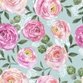 Summer floral botanical seamless pattern in vintage style. Pink and coral roses, ranunculus, green leaves, blue background Royalty Free Stock Photo