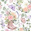 Beautiful floral seamless pattern with watercolor rainboots, pink flowers, greenery, butterflies, isolated on white background Royalty Free Stock Photo