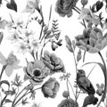 Beautiful floral summer seamless pattern with watercolor flowers. Black and white monochrome stock illustration. Royalty Free Stock Photo