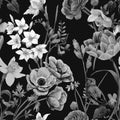 Beautiful floral summer seamless pattern with watercolor flowers. Black and white monochrome stock illustration. Royalty Free Stock Photo