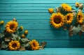Beautiful floral sunflowers on teal rustic wood banner with copy space text