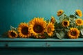 Beautiful floral sunflowers on teal rustic wood banner with copy space text