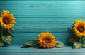 Beautiful floral sunflowers on teal rustic wood banner with copy space text