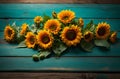 Beautiful floral sunflowers on teal rustic wood banner with copy space text