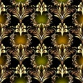 Beautiful floral vintage 3d vector seamless pattern. Glowing colorful ornamental background. Gold hand drawn Paisley flowers, Royalty Free Stock Photo