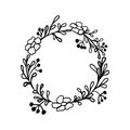 Beautiful floral wreath linear style. Isolated on white vector illustration. Hand drawn frame with flowers, leaves and