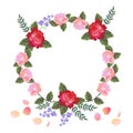 Beautiful floral wreath with red and pink roses and bell flowers isolated on white background. Royalty Free Stock Photo