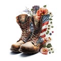 Beautiful Florals and Old Veteran Boots with American Flag, Isolated on White Background - Generative AI