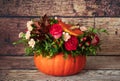 Beautiful flower arrangement in a pumpkin. Autumn floral pumpkin background. Pumpkin with flowers on a wooden background. Autumn Royalty Free Stock Photo