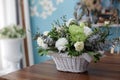 Beautiful flower in a basket with green ribbon