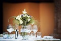 Beautiful flower bouqeut on a table set for a wedding in italy