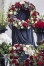 Beautiful flower decoration of the coffin, close-up. Funeral, farewell ceremony Royalty Free Stock Photo