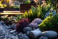 Beautiful flower gardening design details. Designing beautiful landscape. Multicolored flowerbed with stylish foliage Royalty Free Stock Photo