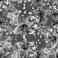 Beautiful flower and leaves grey colored style garden flower seamless pattern