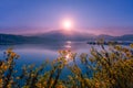 Beautiful flower and sunrise at Sun Moon Lake ,Taiwan Royalty Free Stock Photo