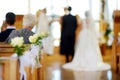 Beautiful flower wedding decoration in a church during wedding ceremony Royalty Free Stock Photo