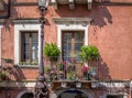 Beautiful flowered balcony in Taormina city - Taormina, Sicily, Italy Royalty Free Stock Photo