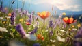 Beautiful flowering alpine meadows, mountains and sky with clouds at the background. Multi-colored flowers. AI Generated Royalty Free Stock Photo