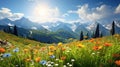 Beautiful flowering alpine meadows, mountains and sky with clouds at the background. Multi-colored flowers. AI Generated Royalty Free Stock Photo