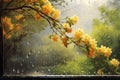 A beautiful flowering branch with yellow flowers under the April rain. Hello summer Royalty Free Stock Photo