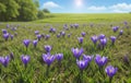 Beautiful flowering flowers, crocuses on a green field