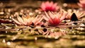 Beautiful flowering pink water lily - lotus in a garden in a pond. Reflections on water surface. Royalty Free Stock Photo