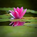 Beautiful flowering pink water lily - lotus in a garden in a pond. Reflections on water surface Royalty Free Stock Photo