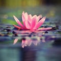 Beautiful flowering pink water lily - lotus in a garden in a pond. Reflections on water surface. Royalty Free Stock Photo