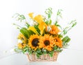 Beautiful Flowers Arrangement with Sunflowers and Sunny Yellow Calla Lilies in a Basket.