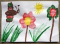 Children painted flowers and butterfly on white paper
