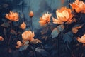 Beautiful flowers on a dark background. Digital painting. Vector illustration, Postimpressionist style artwork of orange flowers, Royalty Free Stock Photo