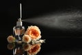 Beautiful flowers, elegant bottle and spray of perfume Royalty Free Stock Photo