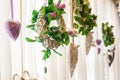 Beautiful flowers on elegant dinner table in wedding day. Decorations served on the festive table in blurred background Royalty Free Stock Photo