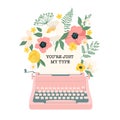 Beautiful flowers growing out from a vintage pink typewriter illustration.