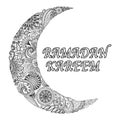 Beautiful flowers laying in the shape of Crescent Moon with the text Ramadan Kareen for coloring book page, print card, invitatio