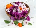 Beautiful flowers of medicinal herbs  in a bowl on the white wooden table Royalty Free Stock Photo