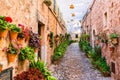 Potted flowers and plants alley in the beautiful village Valldemossa on Majorca, Spain Royalty Free Stock Photo