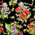 Beautiful flowers, summer grass, leaves, butterflies, bees. Seamless floral pattern on black background. Water color Royalty Free Stock Photo