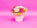 Beautiful flowers in vase isolated on pink background Royalty Free Stock Photo