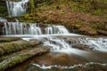 Beautiful Flowing Waterfall With Cascades In Woodland Environment.