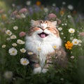 Beautiful fluffy cat in a field of flowers. Portrait.