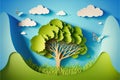 Beautiful fluffy cloud, blue sky background, summer sun, butterfly, green grass lawn, paper cut tree. Generative AI Royalty Free Stock Photo