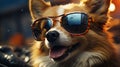 Beautiful fluffy corgi dog in sunglasses lies resting