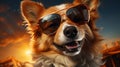 Beautiful fluffy corgi dog in sunglasses lies resting