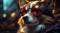 Beautiful fluffy corgi dog in sunglasses lies resting