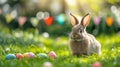 A beautiful fluffy Easter bunny hides colorful eggs in the green grass and looks at the camera Royalty Free Stock Photo