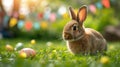 A beautiful fluffy Easter bunny hides colorful eggs in the green grass and looks at the camera Royalty Free Stock Photo