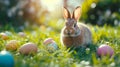 A beautiful fluffy Easter bunny hides colorful eggs in the green grass and looks at the camera Royalty Free Stock Photo